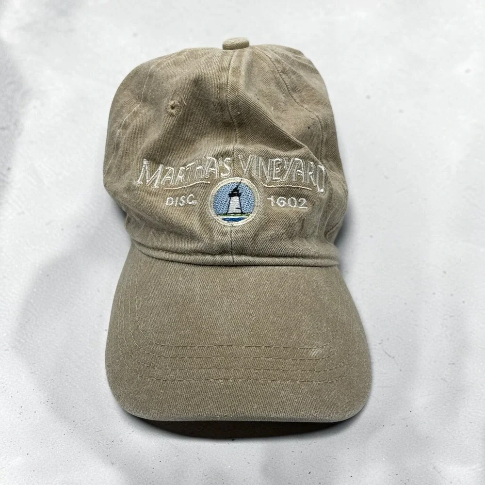 Vintage Hat Triangle Martha's Vineyard Tan Cotton Lighthouse Embroidered Cap